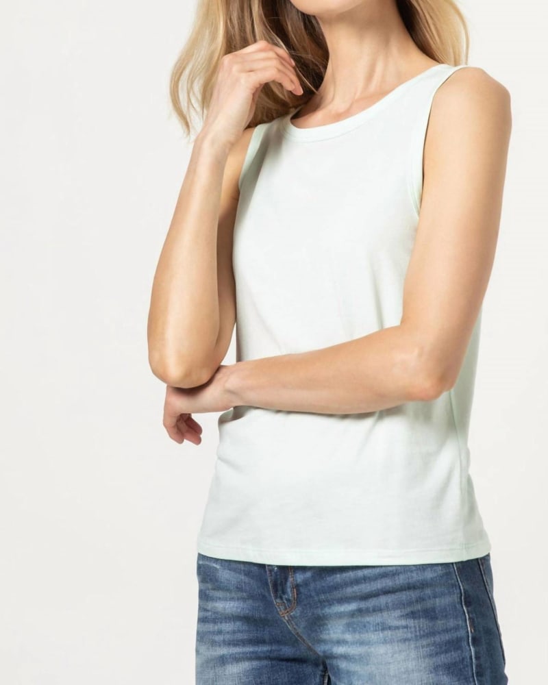 Front of a model wearing a size Large Boatneck Shell Top in Aquamarine in Aquamarine by Lilla P. | dia_product_style_image_id:332589